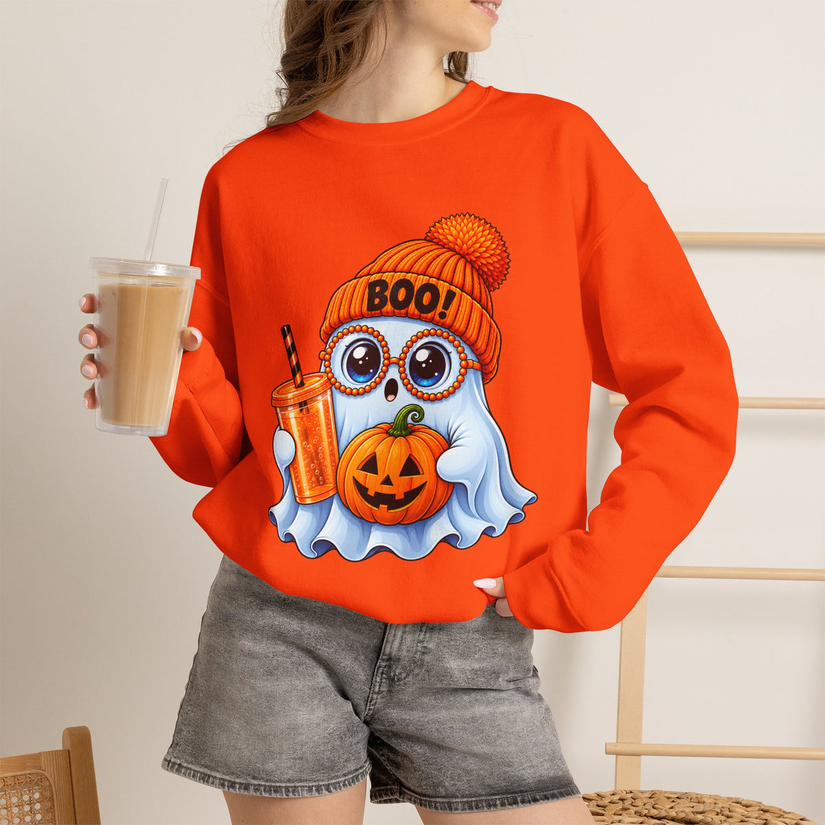 Halloween Ghost Owl Sweatshirt — 'Boo!' Pumpkin & Latte Crewneck