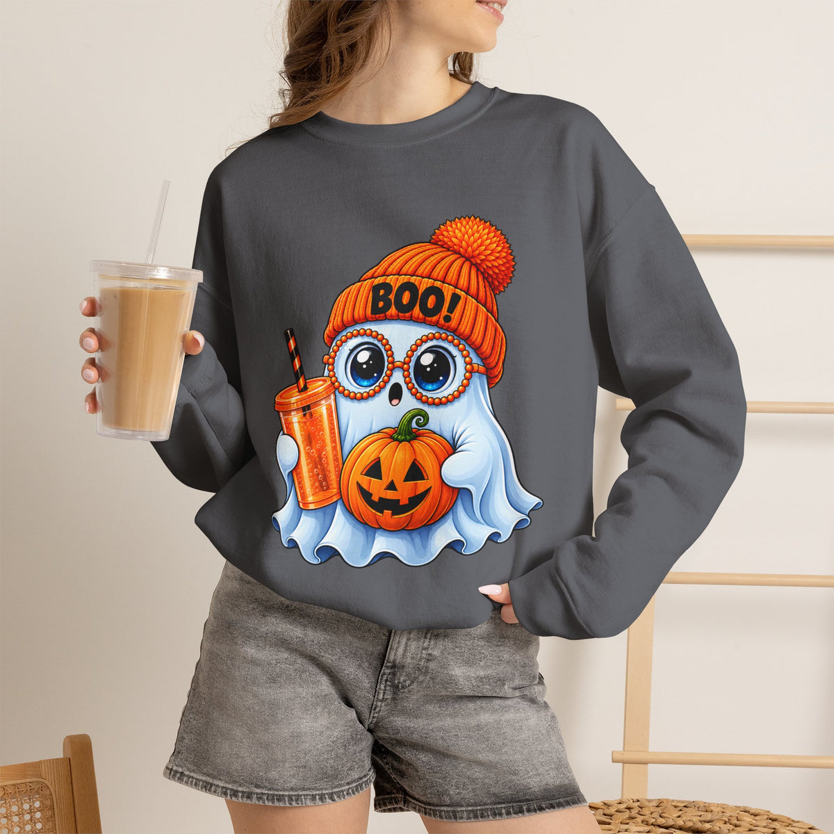 Halloween Ghost Owl Sweatshirt — 'Boo!' Pumpkin & Latte Crewneck