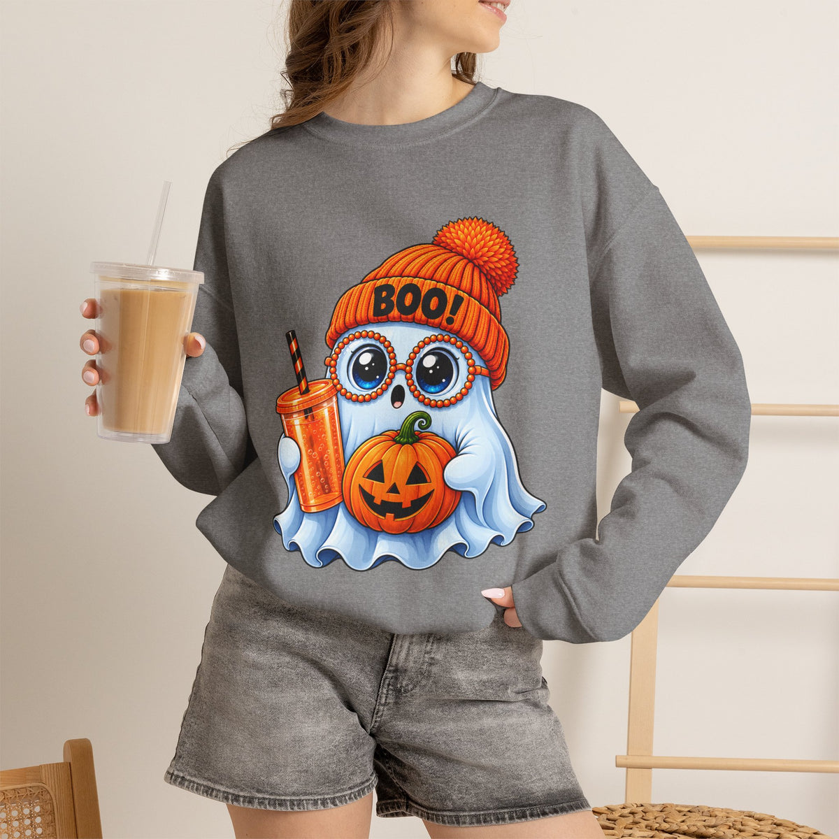 Halloween Ghost Owl Sweatshirt — 'Boo!' Pumpkin & Latte Crewneck