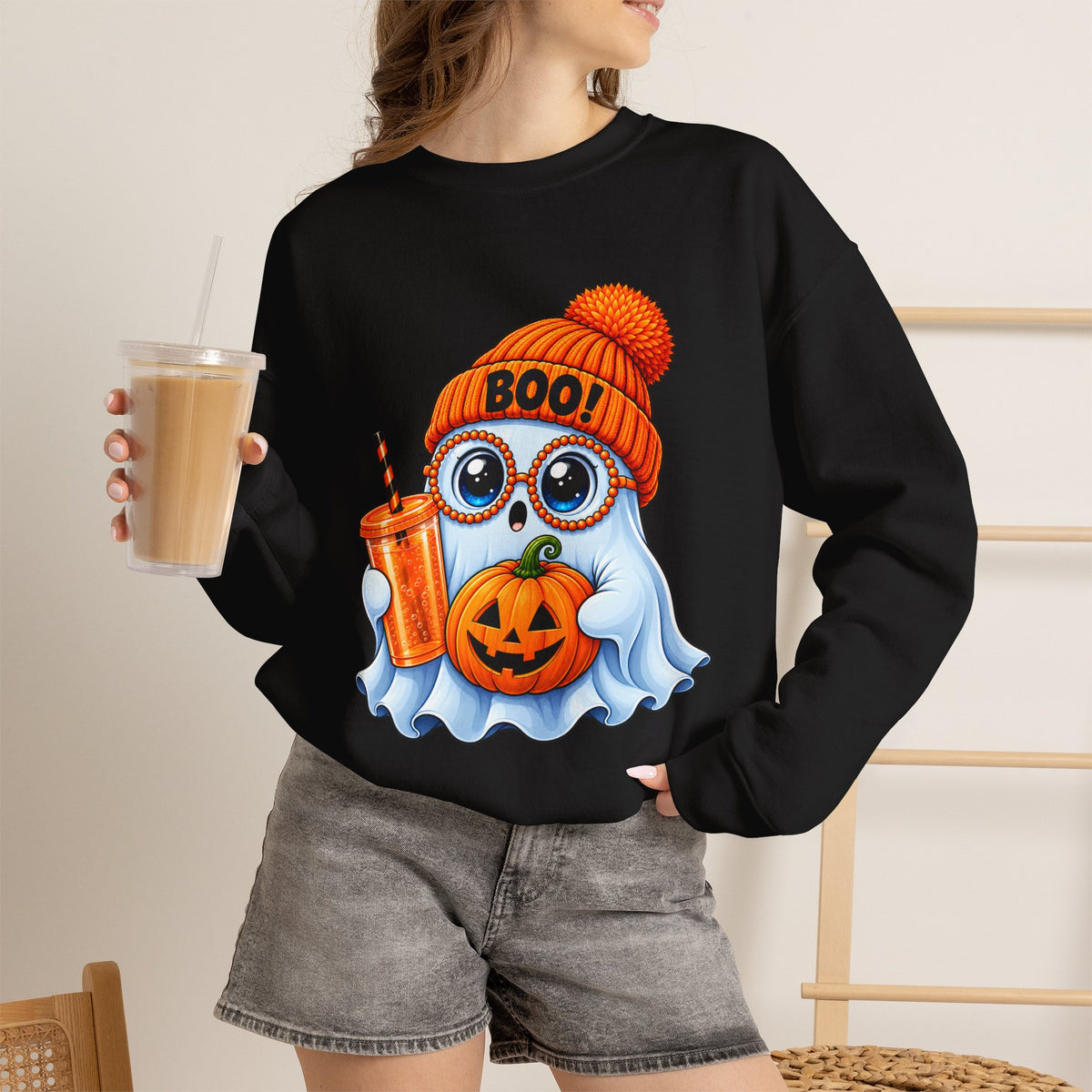 Halloween Ghost Owl Sweatshirt — 'Boo!' Pumpkin & Latte Crewneck