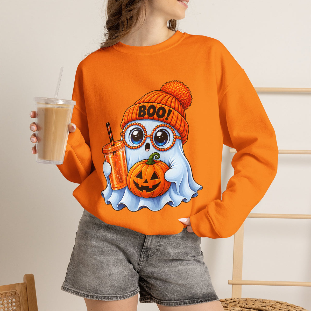 Halloween Ghost Owl Sweatshirt — 'Boo!' Pumpkin & Latte Crewneck