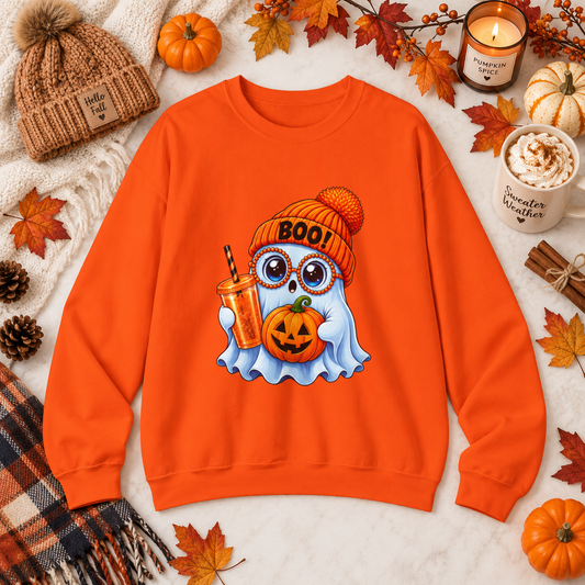 Halloween Ghost Owl Sweatshirt — 'Boo!' Pumpkin & Latte Crewneck