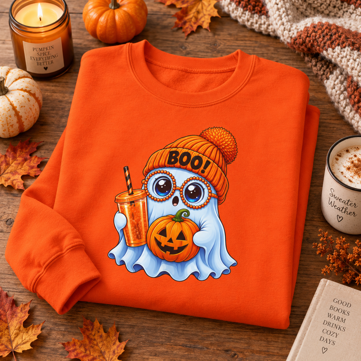 Halloween Ghost Owl Sweatshirt — 'Boo!' Pumpkin & Latte Crewneck