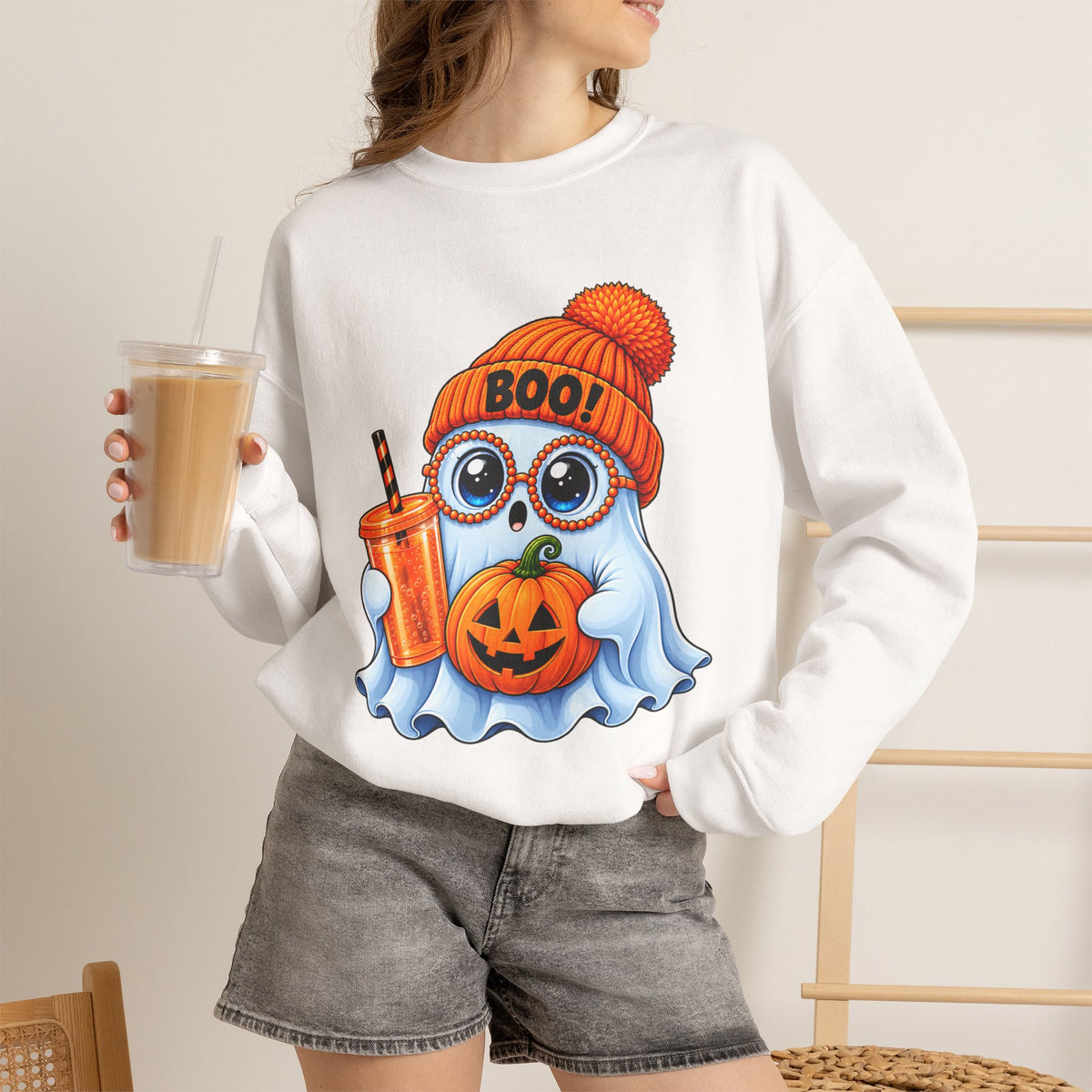 Halloween Ghost Owl Sweatshirt — 'Boo!' Pumpkin & Latte Crewneck