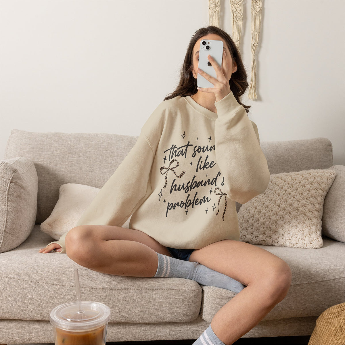 Crewneck Sweatshirt — "That sounds like my husband’s problem" Sparkle Script Graphic