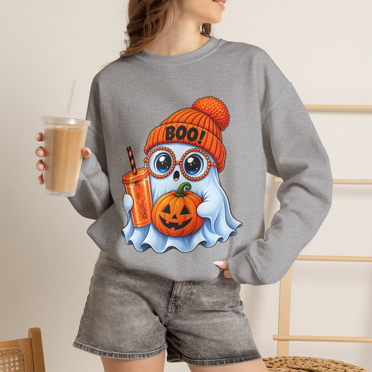 Halloween Ghost Owl Sweatshirt — 'Boo!' Pumpkin & Latte Crewneck