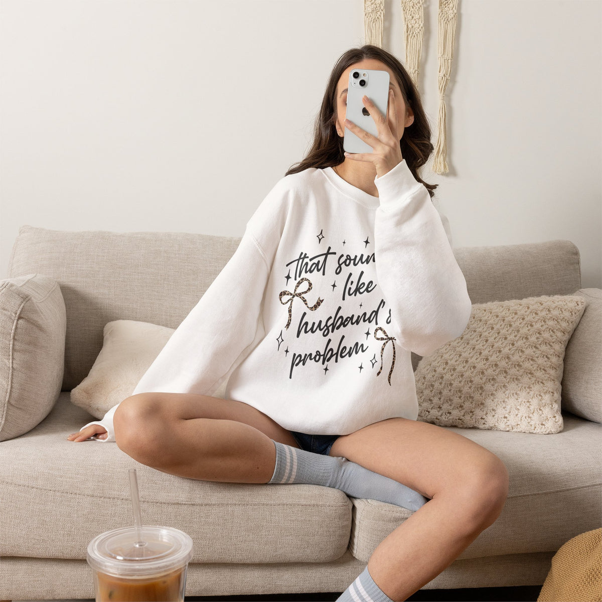 Crewneck Sweatshirt — "That sounds like my husband’s problem" Sparkle Script Graphic