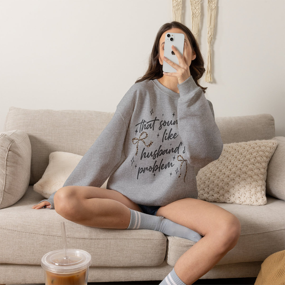 Crewneck Sweatshirt — "That sounds like my husband’s problem" Sparkle Script Graphic