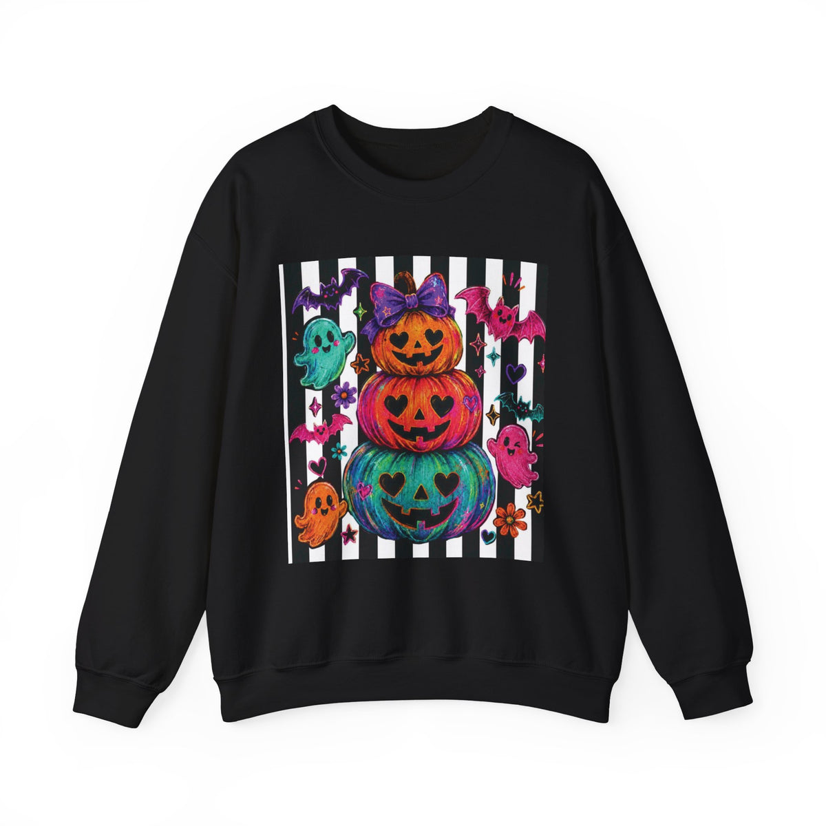Halloween Stacked Jack-O’-Lanterns Crewneck Sweatshirt — Colorful Pumpkin & Ghosts Design