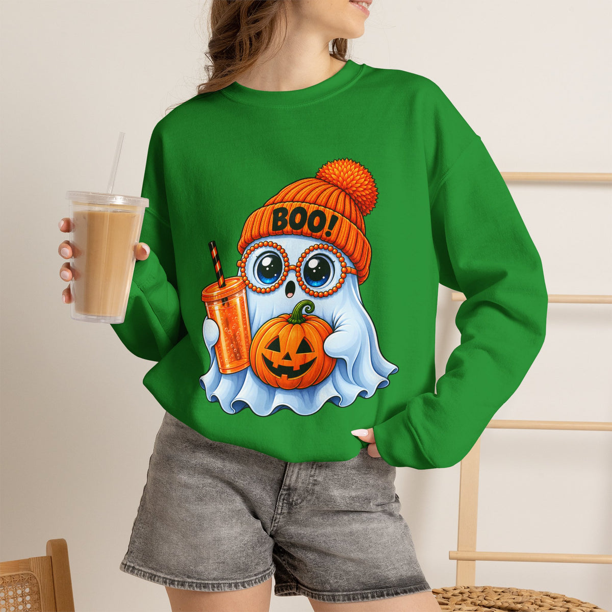 Halloween Ghost Owl Sweatshirt — 'Boo!' Pumpkin & Latte Crewneck