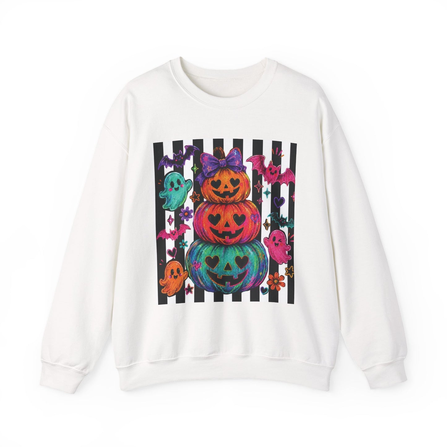 Halloween Stacked Jack-O’-Lanterns Crewneck Sweatshirt — Colorful Pumpkin & Ghosts Design