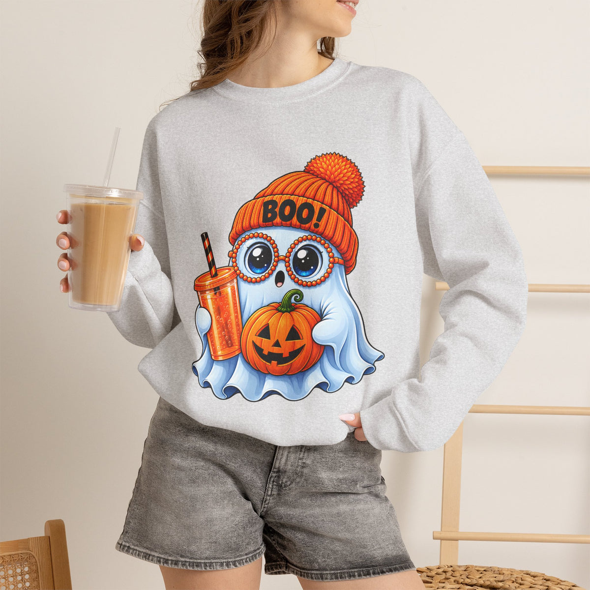 Halloween Ghost Owl Sweatshirt — 'Boo!' Pumpkin & Latte Crewneck